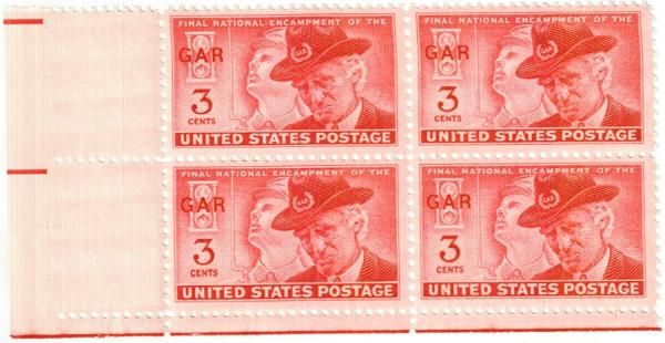 United States | Grand Army of the Republic Plate Block of Four 3-Cent United States Postage Stamps Issued 1949 Bright rose carmine Stamp Bright rose carmine