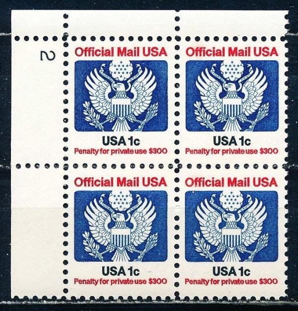 United States | Great Seal Plate Block of Four 1-Cent United States Official Mail Postage Stamps Issued 1983 Stamp United States