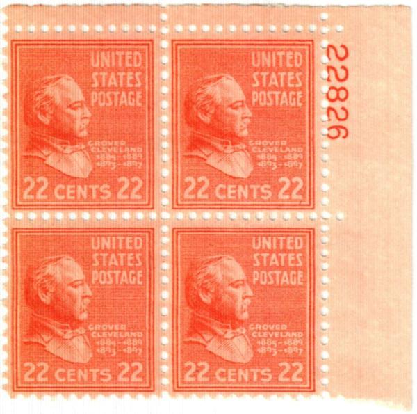 United States | Grover Cleveland Plate Block of Four 22-Cent United States Postage Stamps issued 1938 Vermillion Stamp United States