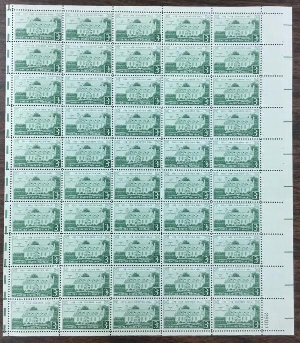 United States | Gunston Hall Sheet of Fifty 3-Cent United States Postage Stamps Issued 1958 Stamp United States