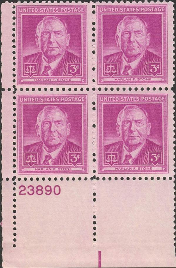 United States | Harlan Stone Plate Block of Four 3-Cent US Postage Stamps Issued 1948 Stamp United States