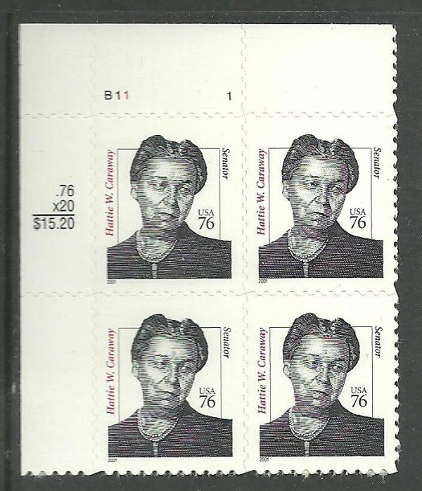 United States | Hattie Caraway Plate Block of Four 76-Cent United States Postage Stamps Issued 2001 Stamp United States