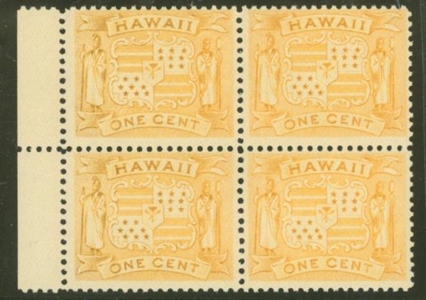 United States | Hawaiian Coat of Arms Block of Four 1-Cent Hawaii Postage Stamps Issued 1894 Yellow Stamp United States