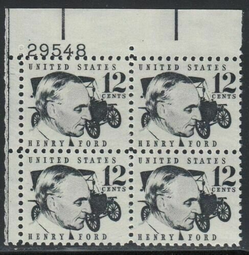 United States | Henry Ford Plate Block of Four 12-Cent United States Postage Stamps Issued 1968 Black Stamp Black