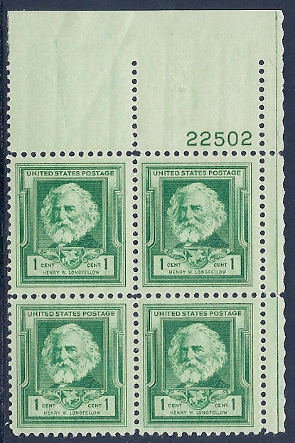 United States | Henry Wadsworth Longfellow Plate Block of Four 1-Cent United States Postage Stamps Issued 1940 Stamp United States