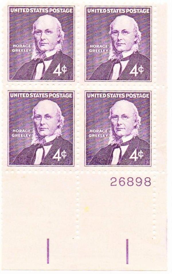 United States | Horace Greeley Plate Block of Four 4-Cent US Postage Stamps Issued 1961 Violet Stamp United States