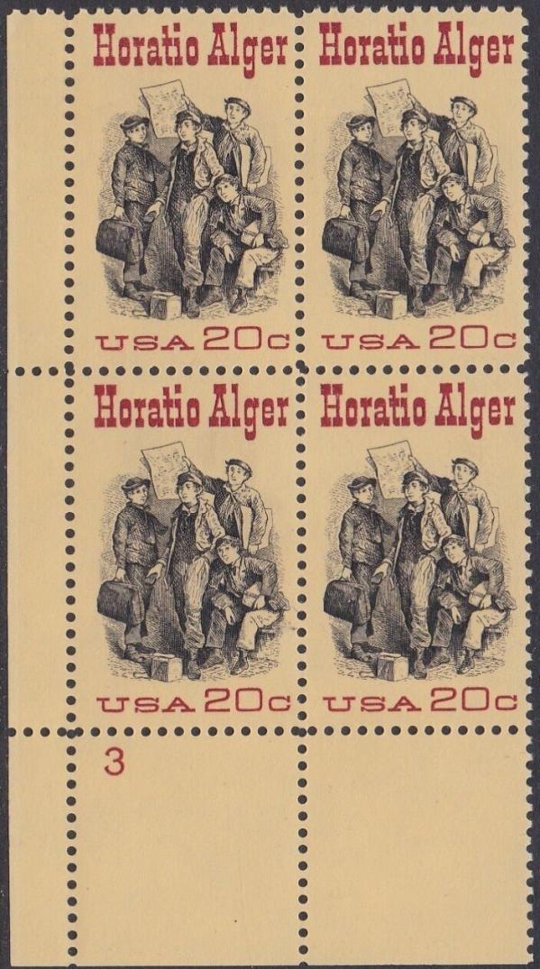 United States | Horatio Alger Plate Block of Four 20-Cent United States Postage Stamps Issued 1982 Red, black and tan Stamp Red, black & tan