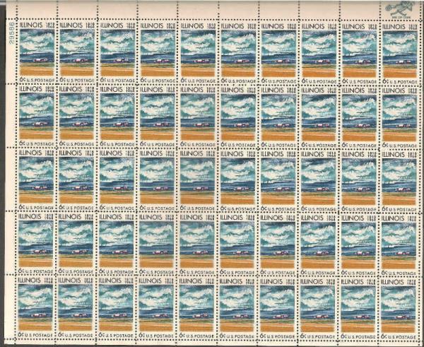 United States | Illinois Statehood Sheet of Fifty 6-Cent United States Postage Stamps Issued 1968  Dark blue, blue, red and ocher Stamp Dark blue, blue, red & ocher