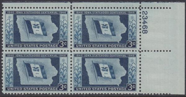 United States | Iowa Statehood Plate Block of Four 3-Cent United States Postage Stamps Issued 1946 Stamp United States