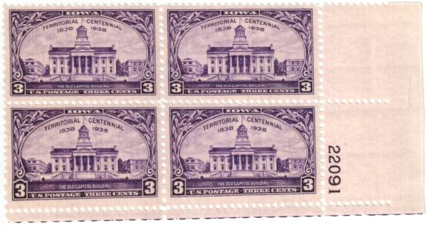 United States | Iowa Territory Plate Block of Four 3-Cent United States Postage Stamps Issued 1938 Stamp United States