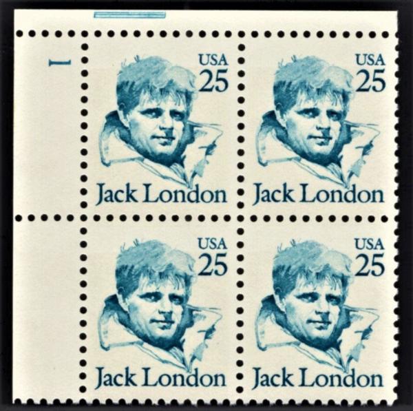 United States | Jack London Plate Block of Four 25-Cent United States Postage Stamps Issued 1986 Blue Stamp Blue