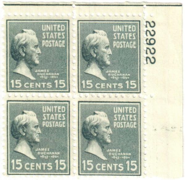 United States | James Buchanan Plate Block of Four 15-Cent United States Postage Stamps Issued 1938 Gray Stamp Gray