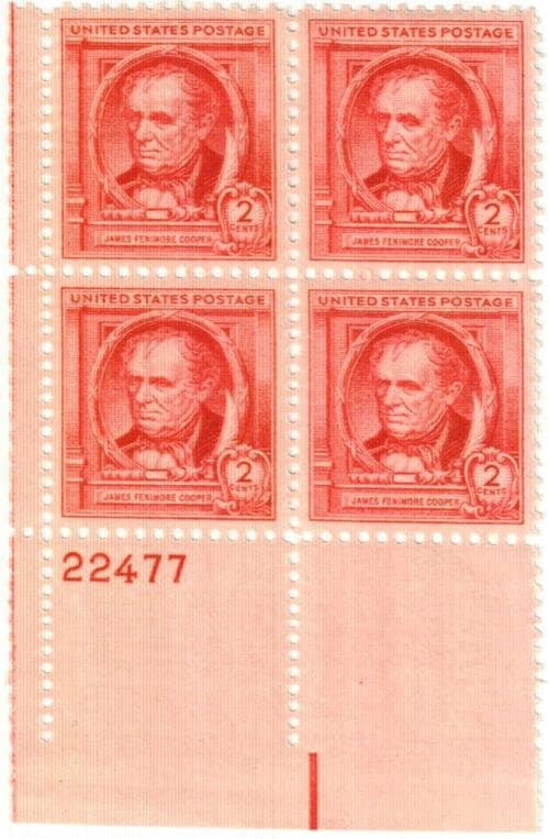 United States | James Fenimore Cooper Plate Block of Four 2-Cent United States Postage Stamps Issued 1940 Stamp United States