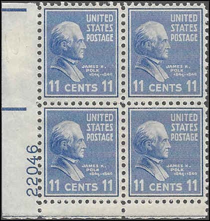 United States | James K Polk Plate Block of Four US 11-Cent Postage Stamps Issued 1938 Ultramarine Stamp Ultramarine