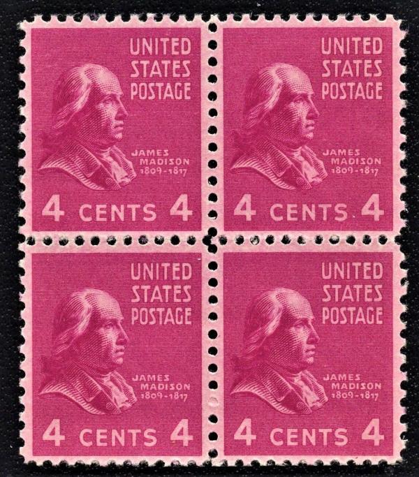 United States | James Madison Block of Four 4-Cent United States Postage Stamps Issued 1938 Red violet Stamp Red violet