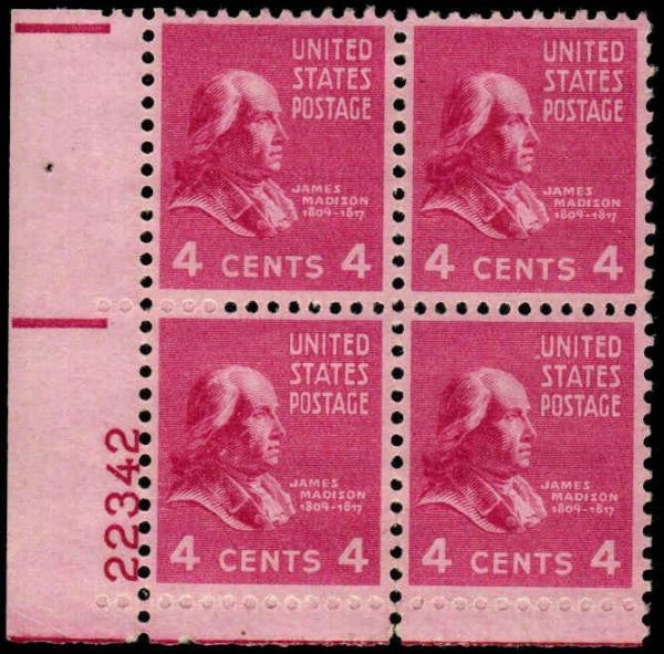 United States | James Madison Plate Block of Four 4-Cent United States Postage Stamps Issued 1938 Red violet Stamp Red violet