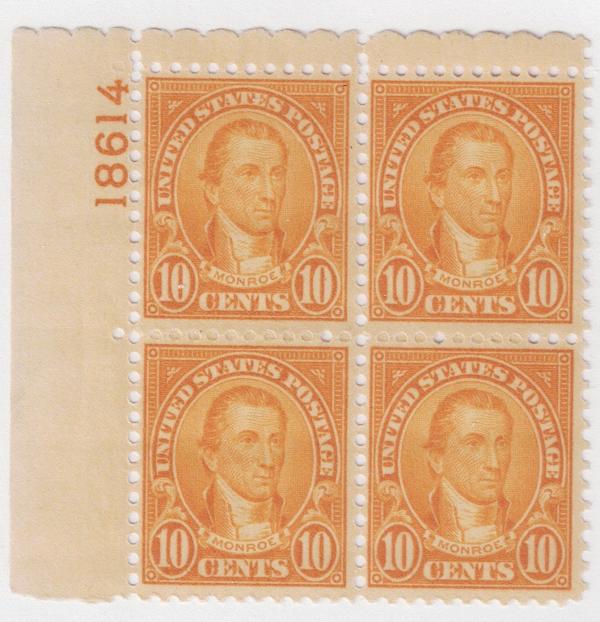 United States | James Monroe Plate Block of Four 10-Cent United States Postage Stamps Issued 1927 Stamp United States