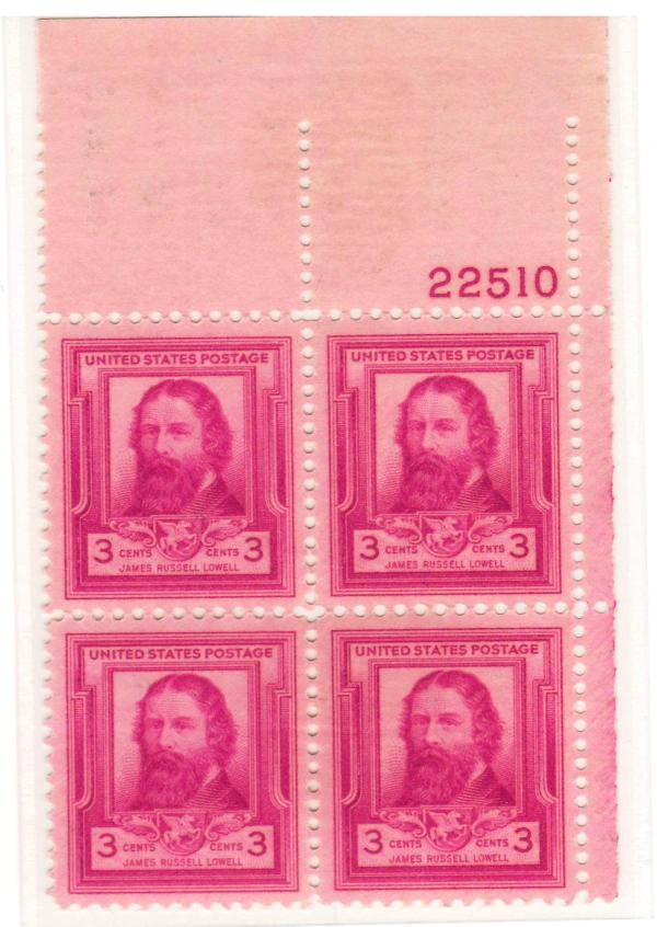 United States | James Russell Lowell Plate Block of Four 3-Cent United States Postage Stamps Issued 1940 Stamp United States