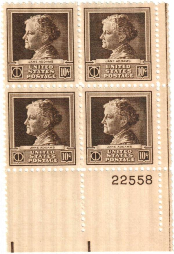 United States | Jane Addams Plate Block of Four 10-Cent United States Postage Stamps Issued 1940 Dark brown Stamp Dark brown