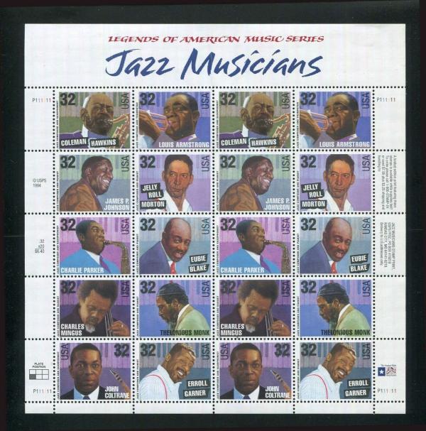 United States | Jazz Musicians Sheet of Twenty 32-Cent United States Postage Stamps Issued 1995 Stamp United States