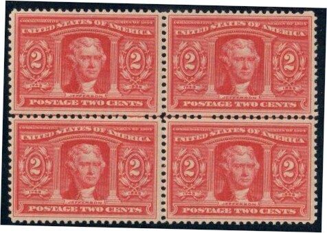 United States | Jefferson Louisiana Purchase Centerline Block of Four 2 Cent United States Postage Stamps Issued 1904 Carmine Stamp Carmine