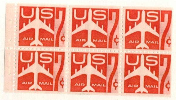 United States | Jet Airliner Booklet Pane of Six 7-Cent US Air Mail Postage Stamps Issued 1960 Carmine red Stamp Carmine red