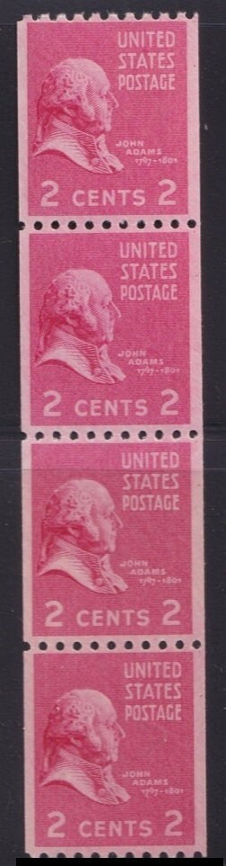 United States | John Adams Strip of Four 2-Cent United States Coil Postage Stamps Issued 1939 Rose carmine Stamp Rose carmine