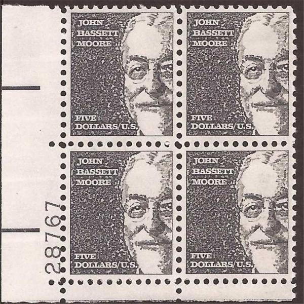 United States | John Bassett Moore Plate Block of Four 5-Dollar United States Postage Stamps Issued 1966 Gray black Stamp Gray black