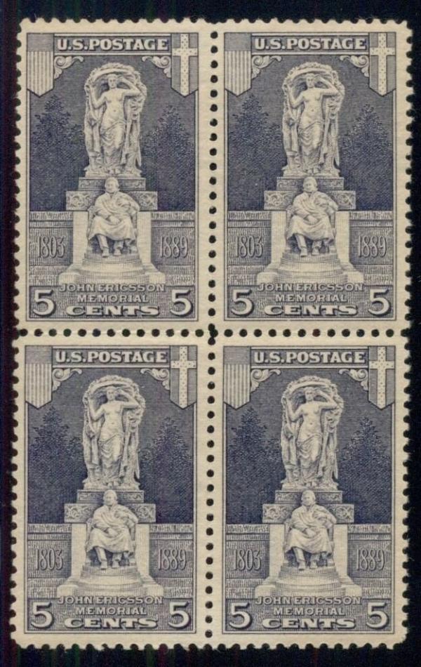 United States | John Ericsson Block of Four 5-Cent United States Postage Stamps Issued 1926 Gray Lilac Stamp Gray Lilac