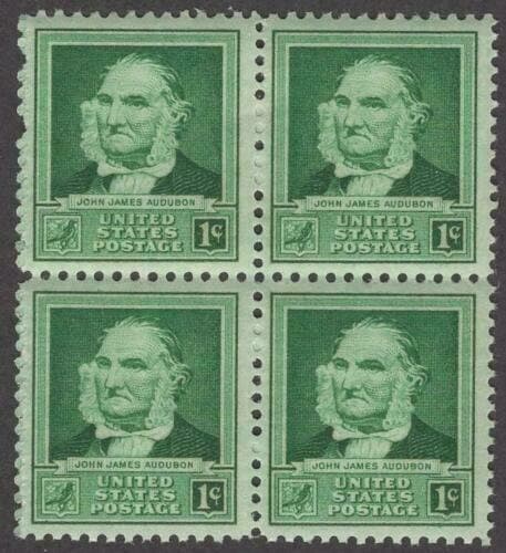 United States | John James Audubon Block of Four 1-Cent United States Postage Stamps Issued 1940 Bright blue green Stamp Bright blue green