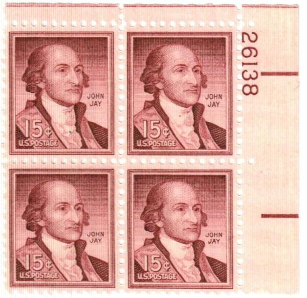 United States | John Jay Plate Block of 4 15-Cent United States Postage Stamps Issued 1958 Rose lake Stamp Rose lake