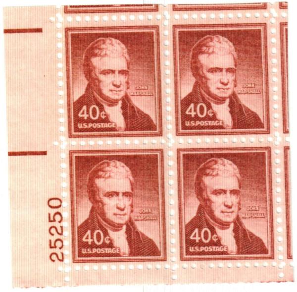 United States | John Marshall Plate Block of Four US 40-Cent Postage Stamps Issued 1955 Brown red Stamp Brown red