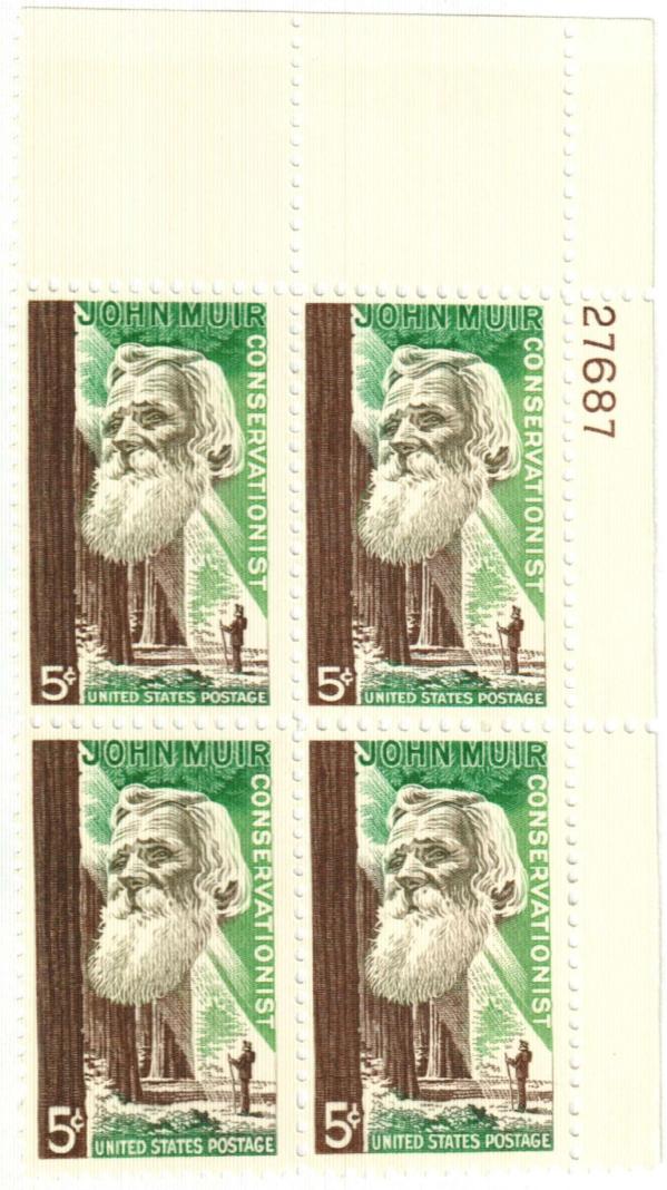 United States | John Muir Plate Block of Four 5-Cent United States Postage Stamps Issued 1964 Stamp United States