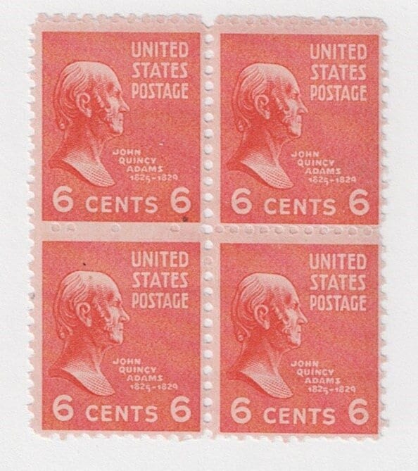 United States | John Quincy Adams Block of Four 6-Cent  US Postage Stamps Issued 1938 Red orange Stamp Red orange