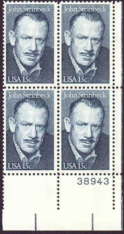 United States | John Steinbeck Plate Block of Four 15-Cent US Postage Stamps Issued 1979 Dark blue Stamp Dark blue