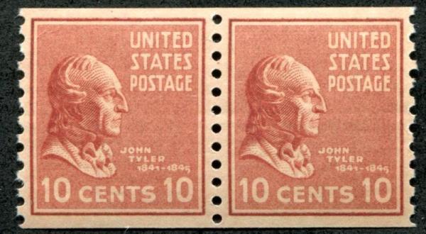 United States | John Tyler Pair of 10-Cent United States Coil Postage Stamps Issued 1939 Brownish red Stamp Brownish red