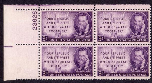 United States | Joseph Pulitzer Plate Block of Four 3-Cent United States Postage Stamps Issued 1947 Stamp United States