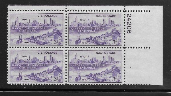 United States | Kansas City Centenary Plate Block of Four 3-Cent United States Postage Stamps Issued 1950 Violet Stamp United States