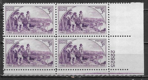 United States | Kentucky Statehood Plate Block of Four 3-Cent United States Postage Stamps Issued 1942 Violet Stamp United States