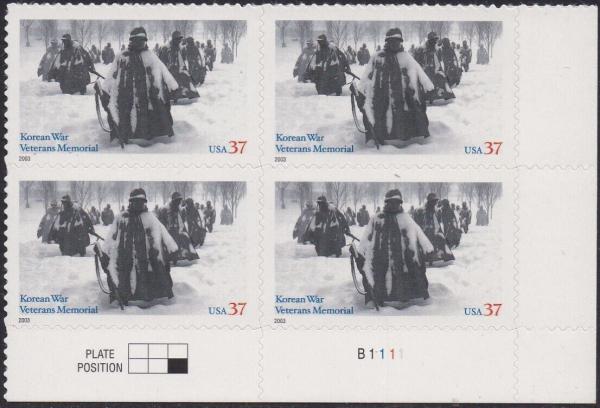 United States | Korean War Veterans Memorial Plate Block of Four 37-Cent United States Postage Stamps Issued 2003 Stamp United States