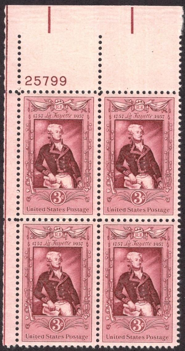 United States | Lafayette Plate Block of Four 3-Cent United States Postage Stamps Issued 1957 Stamp United States