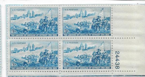 United States | Landing of Cadillac at Detroit Plate Block of Four 3-Cent United States Postage Stamps Issued 1951 Blue Stamp Blue