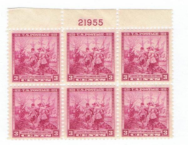 United States | Landing of Swedes and Finns Plate Block of Six 3-Cent US Postage Stamps Issued 1938 Red violet Stamp Red violet