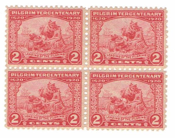 United States | Landing of The Pilgrims Block of Four 2-Cent United States Postage Stamps Issued 1920 Carmine Rose Stamp Carmine rose