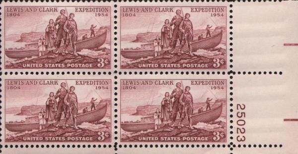 United States | Lewis And Clark Expedition Plate Block of Four 3-Cent United States Postage Stamps Issued 1954 Violet brown Stamp United States