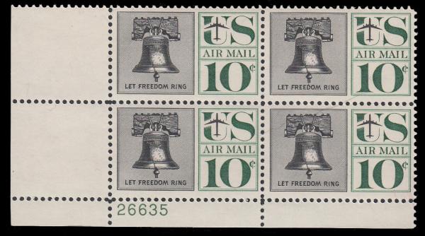 United States | Liberty Bell Plate Block of Four 10-Cent United States Air Mail Postage Stamps Issued 1960 Black and green Stamp Black & green