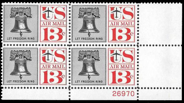 United States | Liberty Bell Plate Block of Four 13-Cent United States Air Mail Postage Stamps Issued 1961 Black and red Stamp Black & Red