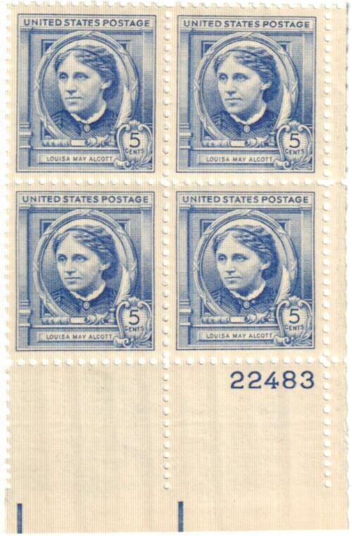 United States | Louisa May Alcott Plate Block of Four 5-Cent United States Postage Stamps Issued 1940 Stamp United States