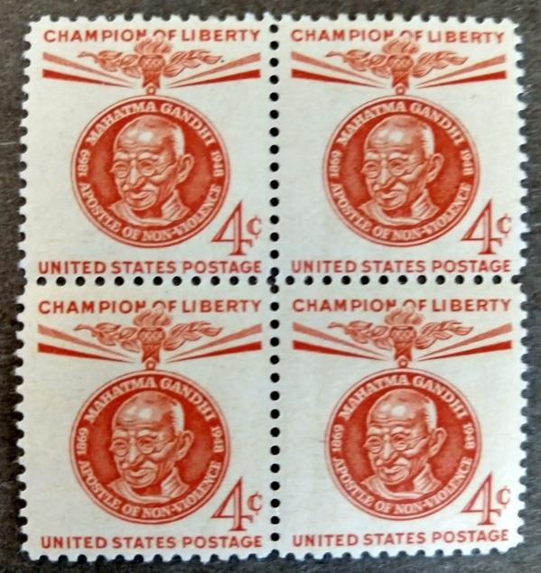 United States | Mahatma Gandhi Block of Four 4-Cent US Postage Stamps Issued 1961 Red orange Stamp Red orange