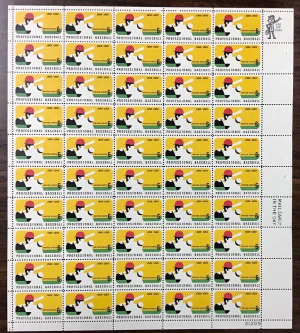 United States | Major League Baseball Sheet of Fifty 6-Cent United States Postage Stamps  Yellow, red, black and green Stamp United States